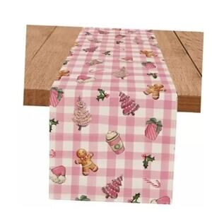 Christmas Table Runner Pink Plaid Tree Gingerbread Candy Cane Presents 13''x 72"